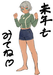 Rule 34 | 1girl, barefoot, black shorts, blush, breasts, commentary request, dark-skinned female, dark skin, feet, full body, green eyes, green sweater, grey hair, hands up, highres, looking at viewer, medium breasts, midriff, navel, nemui333, original, short hair, short shorts, shorts, simple background, sketch, smile, solo, standing, sweater, thighs, translation request, turtleneck, turtleneck sweater, white background