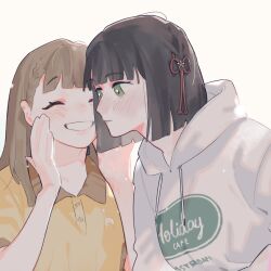 Rule 34 | 2girls, ^ ^, black hair, blunt bangs, blunt ends, blush, braid, breasts, brown hair, center-flap bangs, closed eyes, closed mouth, clothes writing, collared shirt, commentary, flower, flower knot, grin, hair flower, hair ornament, hands up, highres, hood, hoodie, kachimachi kosuzu, link! like! love live!, long hair, long sleeves, looking at another, love live!, m1x mix, medium breasts, momose ginko, multiple girls, polo shirt, shirt, short hair, short sleeves, side braid, simple background, smile, upper body, virtual youtuber, whispering, white background, white hoodie, yellow shirt, yuri