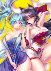 Rule 34 | 2girls, ahri (league of legends), animal ears, aqua hair, bare shoulders, black hair, blue eyes, blush, breasts, cleavage, cum, detached sleeves, large breasts, league of legends, long hair, looking at viewer, low neckline, multiple girls, multiple tails, open mouth, s-yin, shiny skin, sona (league of legends), tail, twintails, very long hair, yellow background, yellow eyes