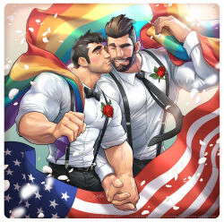 Rule 34 | 2boys, absurdres, american flag, bara, beard, beard stubble, blush, collared shirt, couple, cowboy shot, facial hair, flower, flower on chest, formal, full beard, happy, highres, holding hands, interlocked fingers, kiss, kissing cheek, large hands, lgbt pride, looking at viewer, male focus, mature male, medium sideburns, multiple boys, muscular, muscular male, necktie, one eye closed, original, pectorals, petals, rainbow flag, rose, shirt, short hair, sideburns stubble, silverjow, stubble, suspenders, wrinkled skin, yaoi