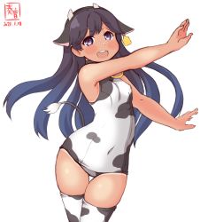 Rule 34 | 1girl, alternate costume, animal ears, animal print, armpits, artist logo, bell, black eyes, black hair, breasts, commentary request, cow ears, cow horns, cow print, cowbell, cowboy shot, dated, ear tag, fake animal ears, fake horns, highres, horns, i-400 (kancolle), kanon (kurogane knights), kantai collection, long hair, one-piece swimsuit, one-piece tan, open mouth, parted bangs, round teeth, school swimsuit, simple background, small breasts, smile, solo, swept bangs, swimsuit, tan, tanline, teeth, thighhighs, upper teeth only, white background, white one-piece swimsuit, white thighhighs, wide hips