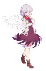 Rule 34 | 1girl, bow, braid, breasts, brooch, brown footwear, closed mouth, collared shirt, dress, feathered wings, french braid, full body, grey hair, grey jacket, greyscale, hand to own mouth, highres, jacket, jewelry, kishin sagume, knees, long sleeves, maguro (mawaru sushi), medium breasts, monochrome, open clothes, open jacket, purple dress, red eyes, shirt, shoes, short hair, simple background, single wing, skirt, solo, standing, touhou, white background, white wings, wings