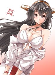 Rule 34 | 1girl, artist logo, bikini, black hair, breasts, brown eyes, cleavage, commentary request, front-tie top, gradient background, hair ornament, hairclip, haruna (kancolle), highres, innertube, jacket, kantai collection, kentan (kingtaiki), large breasts, long hair, looking at viewer, one-hour drawing challenge, open clothes, open jacket, orange background, solo, swim ring, swimsuit, upper body, white bikini, white jacket