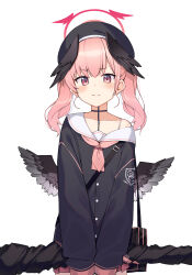 Rule 34 | 1girl, absurdres, beret, black bag, black choker, black serafuku, black shirt, black wings, blue archive, blush, choker, closed mouth, commentary, feathered wings, h9 99999, halo, hat, highres, holding, koharu (blue archive), long sleeves, looking at viewer, looking down, low wings, mini wings, neckerchief, off shoulder, pink hair, pink neckerchief, red eyes, sailor collar, school uniform, serafuku, shirt, simple background, solo, sweatdrop, twintails, upper body, white background, white sailor collar, wings