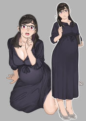 1girl black-framed_eyewear black_hair book breasts commentary_request commission grey_background grey_footwear hair_ornament hairclip high_heels highres holding holding_book holding_pointer large_breasts long_hair long_sleeves multiple_views ojipon original pointer pregnant red_eyes semi-rimless_eyewear simple_background sitting