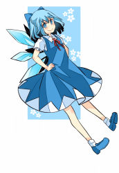 Rule 34 | &gt;:), 1girl, blue bow, blue dress, blue eyes, blue footwear, blue hair, blush, bow, cirno, closed mouth, dress, full body, hair bow, hands on own hips, haya taro pochi, ice, ice wings, looking at viewer, neck ribbon, puffy short sleeves, puffy sleeves, red ribbon, ribbon, shoes, short hair, short sleeves, smile, socks, solo, touhou, v-shaped eyebrows, white socks, wings