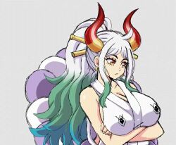 Rule 34 | 1girl, ahoge, animated, blue hair, blush, breast tattoo, breasts, collarbone, flashing, green hair, grin, hair ornament, horns, huge breasts, japanese clothes, lewdamone, long hair, multicolored hair, multicolored horns, nipples, one piece, shirt, simple background, sleeveless, sleeveless shirt, smile, solo, tagme, tattoo, upper body, v-shaped eyebrows, video, wavy mouth, white background, white hair, yamato (one piece), yellow eyes