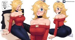 Rule 34 | 1girl, ^ ^, afterimage, alternate costume, ass, bare shoulders, bed, black choker, blonde hair, blue eyes, blush, breasts, choker, closed eyes, crown, curvy, earrings, echo saber, english text, facing viewer, from behind, hair over one eye, highres, jewelry, large breasts, legs together, long hair, looking at viewer, looking back, mario (series), nintendo, no bra, off shoulder, pants, pillow, rosalina, shiny skin, sideboob, simple background, sitting, smile, speech bubble, super mario galaxy, sweater, white background, yokozuwari