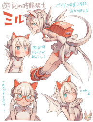 Rule 34 | 1girl, :d, :i, adjusting eyewear, anger vein, aqua eyes, backpack, bag, bandaged leg, bandages, bare shoulders, bespectacled, blush, bow, breasts, claws, closed mouth, commentary request, creature, dragon girl, dragon horns, dragon tail, dragon wings, dress, fang, full body, glasses, grey hair, hair between eyes, hair bow, hairband, hands up, head tilt, holding strap, horns, looking at viewer, multiple views, myr (p&amp;d), one eye closed, open mouth, orange shorts, paw pose, paw print, pout, puzzle &amp; dragons, randoseru, red-framed eyewear, red bow, red hairband, rotix, scales, short dress, short hair, shorts, sidelocks, sideways glance, simple background, slit pupils, small breasts, smile, star (symbol), tail, translation request, upper body, v-shaped eyebrows, v-shaped eyes, white background, white dress, wings
