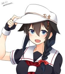 Rule 34 | 1girl, :d, black shirt, blue eyes, blush, borrowed clothes, bow, brown hair, dated, fingerless gloves, gloves, hair between eyes, hair bow, hair ornament, hand on headwear, hand up, hat, kantai collection, looking at viewer, neckerchief, one-hour drawing challenge, open mouth, red bow, red neckerchief, shigure (kancolle), shirt, short sleeves, signature, simple background, smile, solo, suruga (xsurugax), tassel, upper body, white background, white hat