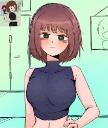 Rule 34 | 1girl, borrowed character, breasts, brown hair, closed mouth, crop top, crumblestodust, green eyes, grey shirt, highres, history teacher (lowgradef), large breasts, looking at viewer, math teacher (lowgradef), original, reference inset, shirt, short hair, simple background, sleeveless, sleeveless shirt, smile, solo focus, upper body
