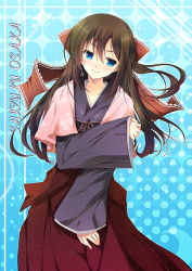 Rule 34 | 1girl, aqua eyes, artist name, artist request, blue eyes, blue kimono, blush, bow, breasts, brown bow, brown hair, brown hakama, capelet, card (medium), collarbone, female focus, floating hair, frilled bow, frills, hair between eyes, hair bow, hakama, hakama skirt, half updo, japanese clothes, kimono, layered skirt, long hair, long sleeves, looking at viewer, love live!, love live! nijigasaki high school idol club, love live! school idol festival, nail, nail polish, osaka shizuku, parted lips, pink capelet, pink nails, pink ribbon, ponytail, red bow, red ribbon, ribbon, skirt, small breasts, smile, solo, striped clothes, striped kimono, vertical-striped clothes, vertical-striped kimono, wavy hair, wide sleeves