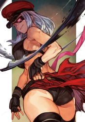 Rule 34 | 1girl, ass, bare shoulders, black shorts, black thighhighs, capcom, cowboy shot, eyepatch, fingernails, from behind, glowing, glowing eye, grey hair, han juri, hat, hungry clicker, looking at viewer, looking back, medium hair, micro shorts, nail polish, official alternate costume, one eye covered, red hat, red nails, shorts, smile, solo, standing, street fighter, thighhighs, waist cape