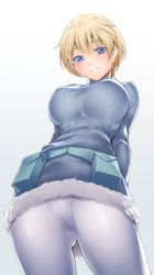 Rule 34 | 10s, 1girl, belt pouch, blonde hair, blue eyes, blush, brave witches, breasts, closed mouth, crotch seam, from below, fur trim, large breasts, long sleeves, looking at viewer, looking down, nikka edvardine katajainen, pants, pantyhose, ribbed sweater, short hair, simple background, smile, solo, sweater, tomohiro kai, white pants, world witches series