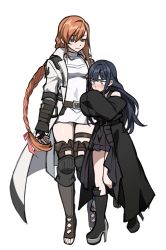 Rule 34 | 2girls, age difference, aged up, belt, belt buckle, black hair, blue eyes, blush, boots, braid, braided ponytail, breasts, brown hair, buckle, choker, coat, final fantasy, final fantasy xiv, fingerless gloves, full body, gaia (ff14), gloves, hair between eyes, height difference, high heel boots, high heels, highres, long hair, long sleeves, multiple girls, onee-loli, ryne waters, shoes, simple background, small breasts, standing, thigh strap, thighhighs, trench coat, very long hair, white background, wuliu heihuo, yuri