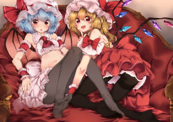 Rule 34 | 2girls, :d, :o, adapted costume, arm cuffs, ascot, bare arms, bare shoulders, bat wings, black legwear, blonde hair, blue hair, blush, bow, breasts, brooch, commentary request, couch, crop top, crystal, fang, flandre scarlet, frilled shirt collar, frills, groin, hair between eyes, hand up, hat, hat bow, index finger raised, indoors, jewelry, kneeling, knees together feet apart, knees up, looking at viewer, meji aniki, midriff, mob cap, multiple girls, navel, no shoes, one side up, open mouth, pantyhose, partial commentary, petticoat, red ascot, red bow, red eyes, red skirt, remilia scarlet, shirt, short hair, siblings, sisters, sitting, skirt, skirt set, sleeveless, sleeveless shirt, small breasts, smile, stomach, thighs, touhou, white headwear, white shirt, white skirt, wings, wrist cuffs