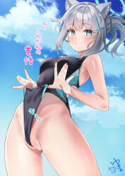 Rule 34 | 1girl, animal ear fluff, animal ears, bare shoulders, blue archive, blue eyes, blue sky, blush, breasts, cameltoe, cloud, competition swimsuit, cowboy shot, cross hair ornament, day, extra ears, frontal wedgie, grey hair, hair ornament, highleg, highleg swimsuit, highres, looking at viewer, medium breasts, medium hair, one-piece swimsuit, partially visible vulva, shiroko (blue archive), shiroko (swimsuit) (blue archive), sky, snow-yuuki, solo, swimsuit, wedgie, wolf ears
