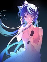 Rule 34 | 1girl, :o, blue eyes, blue hair, bow, collared dress, commentary, danganronpa: trigger happy havoc, danganronpa (series), dress, floating hair, hair bow, hand in own hair, hand up, highres, holding, holding microphone, huang du du, long hair, looking at viewer, maizono sayaka, microphone, open mouth, pink dress, sleeveless, sleeveless dress, solo, teeth, upper body, upper teeth only, very long hair, white bow