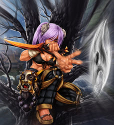 Rule 34 | 10s, 1girl, bandaged arm, bandages, black pants, blade &amp; soul, breasts, cleavage, dagger, facial tattoo, front-tie top, full body, hair ornament, hair over one eye, holding, holding weapon, in tree, knife, large breasts, midriff, motion blur, no socks, outdoors, pants, parted bangs, purple hair, red eyes, sandals, self-upload, shuriken, sitting, sitting in tree, solo, tattoo, throwing, toes, tree, weapon