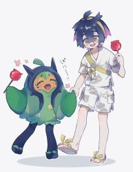Rule 34 | 1boy, absurdres, black hair, blush, candy apple, closed eyes, creatures (company), fangs, food, full body, game freak, grey background, highres, holding, holding food, japanese clothes, kieran (pokemon), male focus, multicolored hair, nintendo, nmnmnmk p, ogerpon, open mouth, pokemon, pokemon (creature), pokemon sv, purple hair, short sleeves, simple background, standing, teeth, upper teeth only