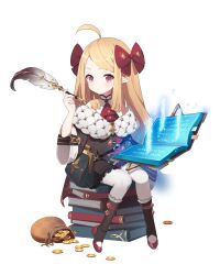 Rule 34 | 1girl, absurdres, ahoge, artist request, ascot, bag, blonde hair, book, book stack, bow, brown coat, brown footwear, coat, coin, eversoul, frills, game cg, hair bow, highres, holding, holding book, holding quill, long hair, looking at viewer, manon (eversoul), official art, open book, pantyhose, petite, pointy ears, quill, red ascot, red eyes, satchel, shirt, shoulder bag, sitting, solo, swept bangs, tachi-e, third-party source, transparent background, white pantyhose, white shirt, wide sleeves