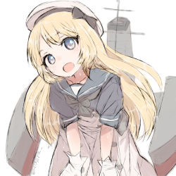 Rule 34 | 1girl, alchera, blonde hair, blue eyes, blue sailor collar, commentary request, cowboy shot, dress, gloves, hands on own knees, hat, jervis (kancolle), kantai collection, leaning forward, long hair, looking at viewer, machinery, open mouth, sailor collar, sailor dress, sailor hat, simple background, solo, white background, white dress, white gloves, white hat