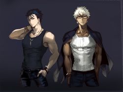 Rule 34 | 2boys, alternate costume, alternate hairstyle, angry, archer (fate), bespectacled, biceps, black tank top, blue hair, bracelet, closed mouth, contemporary, cu chulainn (fate), cu chulainn (fate/stay night), dark-skinned male, dark skin, denim, earrings, fate/stay night, fate (series), glasses, hand in pocket, jacket, jacket on shoulders, jeans, jewelry, looking at viewer, male focus, multiple boys, muscular, muscular male, necklace, pants, pectorals, red eyes, ribbed tank top, shibanui, spiked hair, tank top, white hair, white tank top