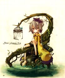 Rule 34 | ashisu, bad id, bad pixiv id, barefoot, birdcage, bug, butterfly, cage, earrings, flower, grey hair, insect, jewelry, long sleeves, pixiv fantasia, pixiv fantasia 4, solo, tree, water