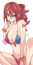 Rule 34 | 1girl, android, android 21, bare shoulders, bikini, blue eyes, blue nails, bracelet, breasts, brown hair, cleavage, closed mouth, collarbone, dragon ball, dragon ball fighterz, ear piercing, earrings, female focus, finger to mouth, gold bracelet, gold earrings, hair between eyes, highres, hoop earrings, jewelry, kinakomochi (user vedc2333), large breasts, long hair, looking at viewer, multicolored bikini, multicolored clothes, navel, piercing, red ribbon army, signature, sitting, smile, solo, swimsuit, thighs, very long hair, white background