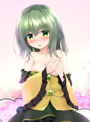 Rule 34 | 1girl, aqua hair, arms up, bare shoulders, blush, breasts, collarbone, commentary request, covering privates, covering breasts, covering one breast, flower, frilled sleeves, frills, green eyes, green skirt, hair between eyes, head tilt, komeiji koishi, long sleeves, medium breasts, medium hair, no headwear, off-shoulder shirt, off shoulder, one breast out, open mouth, own hands together, parted lips, shirt, skirt, solo, spider lily, tearing up, third eye, touhou, upper body, yuuforia