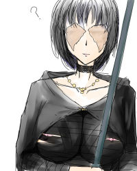 Rule 34 | 1girl, ?, aflo aikawa, black hair, breasts, choker, demon&#039;s souls, female focus, from software, jewelry, maiden in black, necklace, nipple slip, nipples, short hair, solo, staff, white background