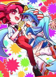 Rule 34 | 064mn, 2girls, black necktie, blue dress, blue eyes, blue hair, chromatic aberration, collared shirt, dress, drill hair, gloves, grid background, hair between eyes, hatsune miku, highres, holding hands, inline skates, interlocked fingers, kasane teto, looking at viewer, loose socks, mesmerizer (vocaloid), multiple girls, necktie, open mouth, outstretched arm, pants, petticoat, puffy sleeves, red eyes, red hair, red pants, roller skates, salute, shirt, shoes, short hair, short sleeves, skates, smile, socks, striped clothes, striped shirt, suspenders, twin drills, twintails, twitter username, utau, visor cap, vocaloid, white socks, wrist cuffs, yellow gloves