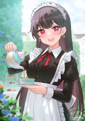Rule 34 | 1girl, apron, black dress, blurry, blush, breasts, cup, depth of field, dress, earrings, fukuro daizi, highres, jewelry, large breasts, long hair, long sleeves, looking at viewer, maid headdress, original, outdoors, parted lips, pouring, red eyes, smile, solo, teacup, teapot, white apron, white headwear