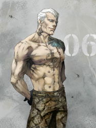 Rule 34 | 1boy, 33 (bell12), abs, android, arms behind back, bad id, bad pixiv id, belt, blue hair, bryan fury, bullet hole, gloves, grey background, male focus, muscular, own hands together, pants, scar, topless male, short hair, snakeskin print, tattoo, tekken, white hair