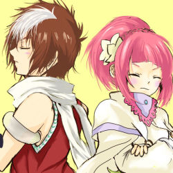 Rule 34 | 1boy, 1girl, bare shoulders, blush, braid, brown hair, caius qualls, capelet, crossed arms, dress, closed eyes, flower, long hair, multicolored hair, pink hair, ponytail, rubia natwick, scarf, short hair, tales of (series), tales of the tempest, wide sleeves, yellow eyes