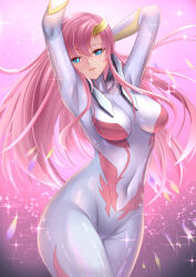 1girl absurdres arms_up blue_eyes bodysuit breasts commentary_request covered_navel glowing glowing_eyes gundam gundam_seed gundam_seed_freedom hair_ornament highres lacus_clyne long_hair looking_at_viewer medium_breasts normal_suit official_alternate_costume open_mouth pilot_suit pink_hair skin_tight smile solo thighs troy_(oxaa01ex)