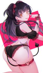 Rule 34 | 1girl, absurdres, ass, back, bare legs, bare shoulders, between legs, black hair, blunt bangs, bow, brown eyes, choker, clothing cutout, crop top, demon tail, demon wings, earrings, frilled choker, frilled panties, frills, hair bow, heart, heart earrings, highres, idolmaster, idolmaster shiny colors, jewelry, kneeling, long hair, looking at viewer, looking back, mayuzumi fuyuko, panties, plaid, puffy short sleeves, puffy sleeves, shiguri, short sleeves, shoulder cutout, simple background, skindentation, solo, tail, tail between legs, thigh strap, thighs, tongue, tongue out, transparent wings, two side up, underwear, wings, wrist cuffs