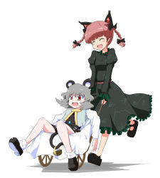 Rule 34 | 2girls, aho, animal ears, braid, cat ears, cat girl, cat tail, female focus, full body, grey hair, hair ribbon, highres, kaenbyou rin, mouse (animal), mouse ears, mouse tail, multiple girls, nazrin, red eyes, red hair, ribbon, running, short hair, simple background, sitting, tail, touhou, twin braids, twintails, wheelbarrow, white background