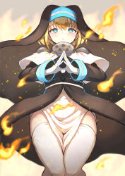Rule 34 | 1girl, black dress, blonde hair, blue eyes, blush, capelet, dress, en&#039;en no shouboutai, feet out of frame, fire, highres, iris (en&#039;en no shouboutai), iris (enen no shouboutai), long sleeves, looking at viewer, nene (atsushi hamano), nun, parted lips, short hair, simple background, solo, steepled fingers, thighhighs, thighs, veil, waist cape, white capelet, white thighhighs