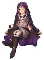 Rule 34 | 1girl, boots, brown gloves, closed mouth, crossed legs, fire emblem, fire emblem awakening, gloves, highres, hood, hood up, kamu (kamuuei), knee boots, nintendo, robe, robin (female) (fire emblem), robin (fire emblem), simple background, sitting, smile, solo, white background, white hair, yellow eyes