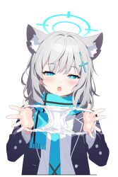 Rule 34 | 1girl, absurdres, animal ear fluff, animal ears, black jacket, blue archive, blue eyes, blue halo, blue scarf, blush, bright pupils, cropped torso, cross hair ornament, grey hair, hair ornament, halo, highres, holding, holding clothes, holding panties, holding underwear, jacket, long sleeves, looking at viewer, mismatched pupils, open mouth, panties, presenting removed panties, quel (quel1111), scarf, shiroko (blue archive), shirt, simple background, solo, underwear, upper body, white background, white panties, white pupils, white shirt, wolf ears