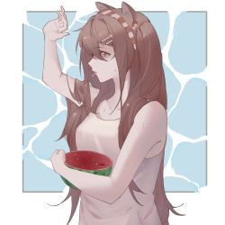 Rule 34 | 1girl, angelina (arknights), animal ears, arknights, breasts, brown hair, food, fox ears, from side, fruit, gaosiyuan666, hairband, hand up, holding, holding food, holding fruit, long hair, mouth hold, shirt, small breasts, solo, tank top, upper body, very long hair, watermelon, white shirt