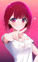Rule 34 | 1girl, absurdres, arima kana, blunt bangs, blush, bob cut, breasts, cleavage, closed mouth, commentary request, english text, highres, inverted bob, looking at viewer, medium breasts, medium hair, oshi no ko, partial commentary, pink background, red eyes, red hair, shirt, short sleeves, smile, solo, sparkle, sweat, tetori (tetolisto), upper body, variant set, white shirt