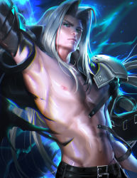 Rule 34 | 1990s (style), 1boy, armpits, final fantasy, final fantasy vii, green eyes, highres, long hair, looking at viewer, male focus, navel, nipples, open clothes, sakimichan, sephiroth, silver hair, solo, upper body, very long hair