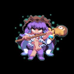 Rule 34 | 1girl, absurdres, black background, commentary request, cookie (touhou), crossed legs, full body, highres, holding, holding staff, long hair, looking at viewer, medium bangs, mollusc shell, open mouth, patchouli knowledge, pixel art, purple eyes, purple hair, shell, smile, solo, staff, taisa (cookie), teeth, tonchamon san, touhou, upper teeth only