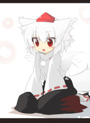 Rule 34 | 1girl, :3, albino, animal ears, blush, chibi, child, dog ears, dog tail, ear wiggle, female focus, hat, inubashiri momiji, letterboxed, oka (bananashoe), open mouth, pom pom (clothes), red eyes, ribbon-trimmed sleeves, ribbon trim, simple background, solo, tail, tail wagging, tokin hat, touhou, white hair, wide sleeves, wolf ears, wolf tail