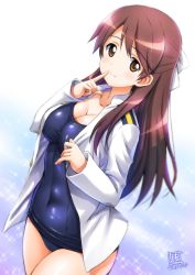 Rule 34 | 1girl, blue one-piece swimsuit, bow, brave witches, breasts, brown eyes, brown hair, cleavage, collarbone, covered navel, dated, finger to mouth, hair bow, half updo, impossible clothes, impossible swimsuit, index finger raised, kamogawa tanuki, karibuchi takami, large breasts, lips, long hair, long sleeves, looking at viewer, military, military uniform, one-piece swimsuit, open clothes, school swimsuit, shushing, sidelocks, signature, solo, swimsuit, swimsuit under clothes, unbuttoned, uniform, world witches series