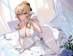 Rule 34 | 1girl, absurdres, all fours, bad id, bad pixiv id, bed, blonde hair, blue eyes, blue flower, blue rose, bra, breasts, cross, cross necklace, curtains, detached collar, flower, genshin impact, gloves, hand in own hair, highres, jean (genshin impact), jewelry, large breasts, long hair, looking at viewer, necklace, on bed, pantyhose, paradox (parapa), parted lips, petals, pillow, ponytail, rose, rose petals, sidelocks, solo, thighband pantyhose, underwear, white bra, white gloves, white pantyhose, window