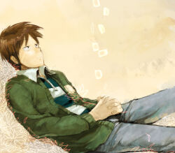 Rule 34 | 1boy, blue shirt, brown background, brown eyes, brown hair, cardigan, closed mouth, commentary request, expressionless, feet out of frame, flower, fukumoto mahjong, fukumoto nobuyuki (style), green cardigan, grey pants, igawa hiroyuki, interlocked fingers, long sleeves, looking afar, lying, male focus, medium bangs, official style, on back, open cardigan, open clothes, own hands together, pants, parody, pointy nose, shirt, short hair, single tear, solo, striped clothes, striped shirt, style parody, t k g, ten (manga), white shirt