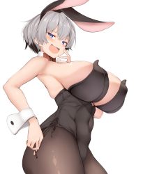 Rule 34 | 1girl, animal ears, bare shoulders, blue eyes, blush, bow, breasts, colored eyelashes, copyright request, detached collar, fake animal ears, highres, huge breasts, karatakewari, leotard, looking at viewer, open mouth, pantyhose, playboy bunny, rabbit ears, short hair, silver hair, simple background, smile, solo, white background, wrist cuffs